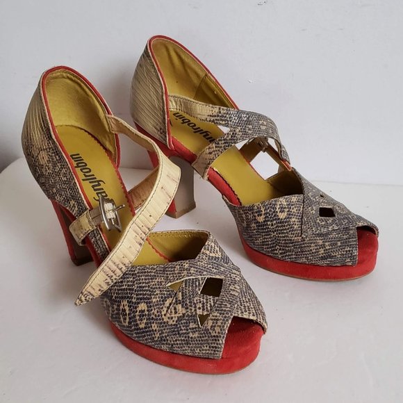 FARYLROBIN Leather Snakeskin Coral Red Suede Peep Toe Heels Anthropologie - Picture 11 of 15